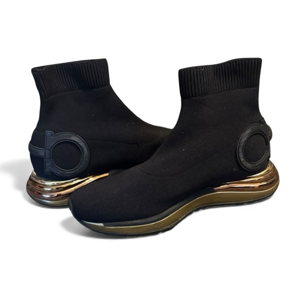 Salvatore Ferragamo Shoes - Salvatore Ferragamo Gancini Black Gold Sock Sneakers 8 Shoes Holiday Gift Ready